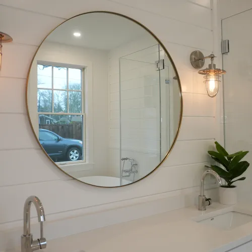 Glass shower with striped tile